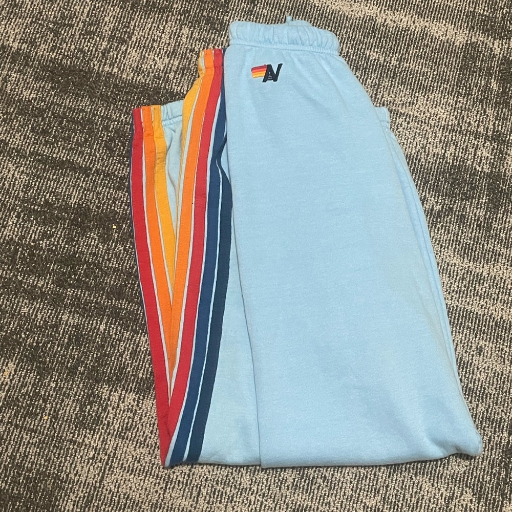 Aviator Nation Sky Blue Track Pants with Rainbow Stripe - Picture 3 of 4